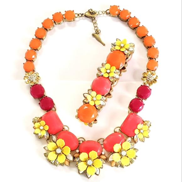 Floral Spring Statement Necklace Bracelet Set Yellow Orange Flowers Gift Present - Picture 1 of 16